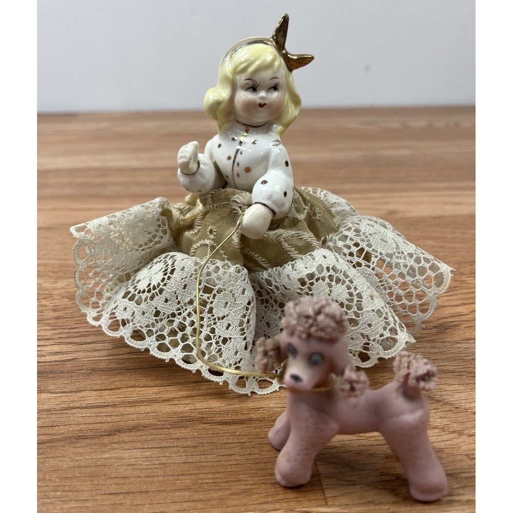 Vintage Porcelain Girl Walking Pink‎ Poodle Dog, Lace Dress Gold Kitsch